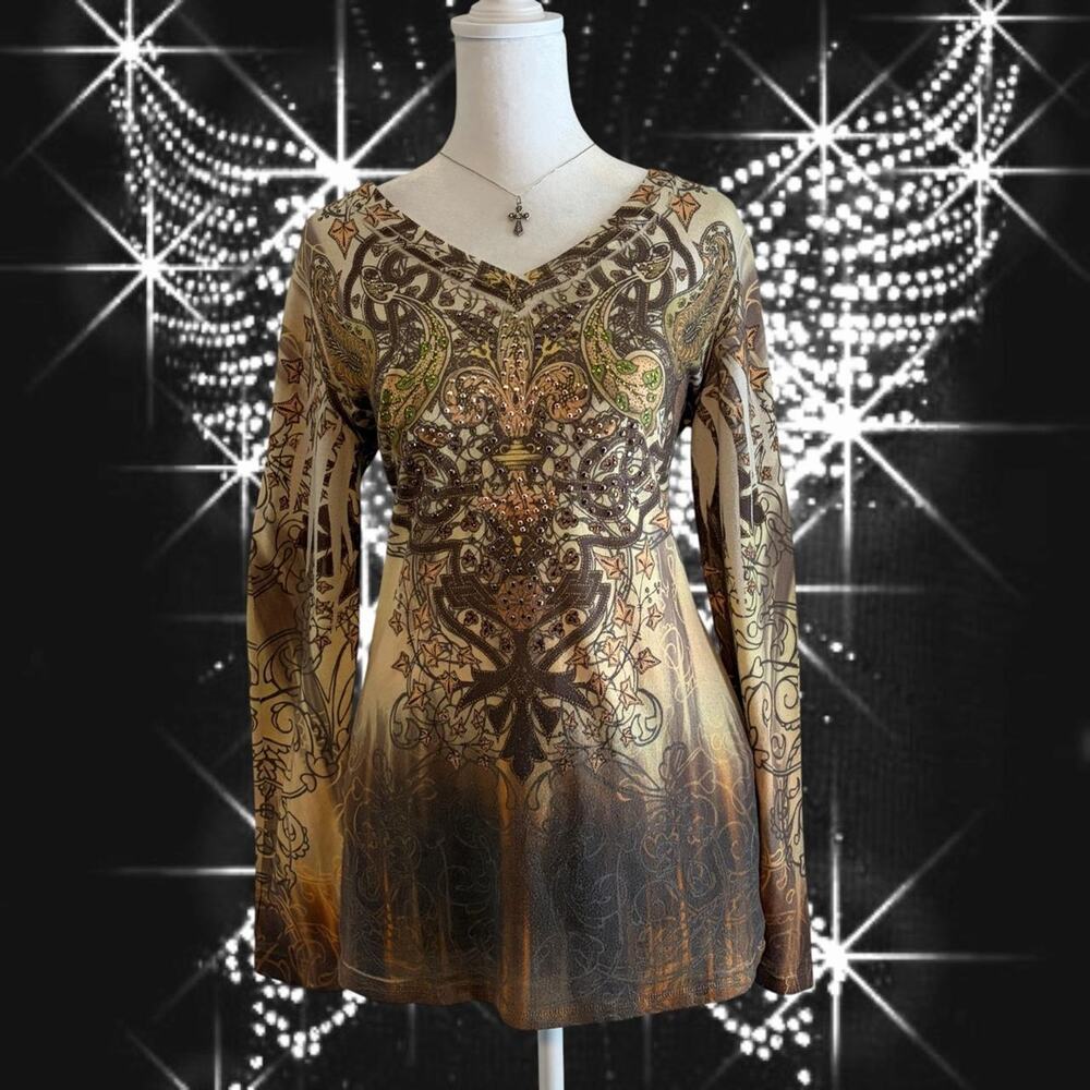 intricate brown paisley floral filigree whimsigoth rhinestones embellished top